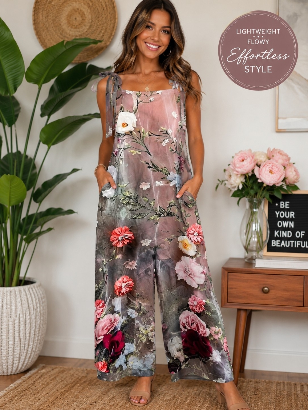 Source Unknown Floral Wide-Leg Jumpsuit in Dusty Rose and Green